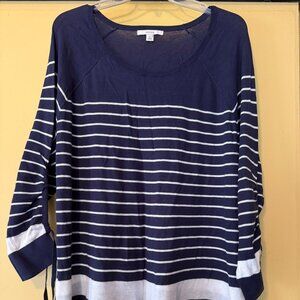 Sejour  Long Sweater, Drawstring Sleeves, White/Navy Stripe  Size 3X Plus  New